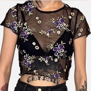 Urban Outfitters Floral Embroidered Sheer Black Top